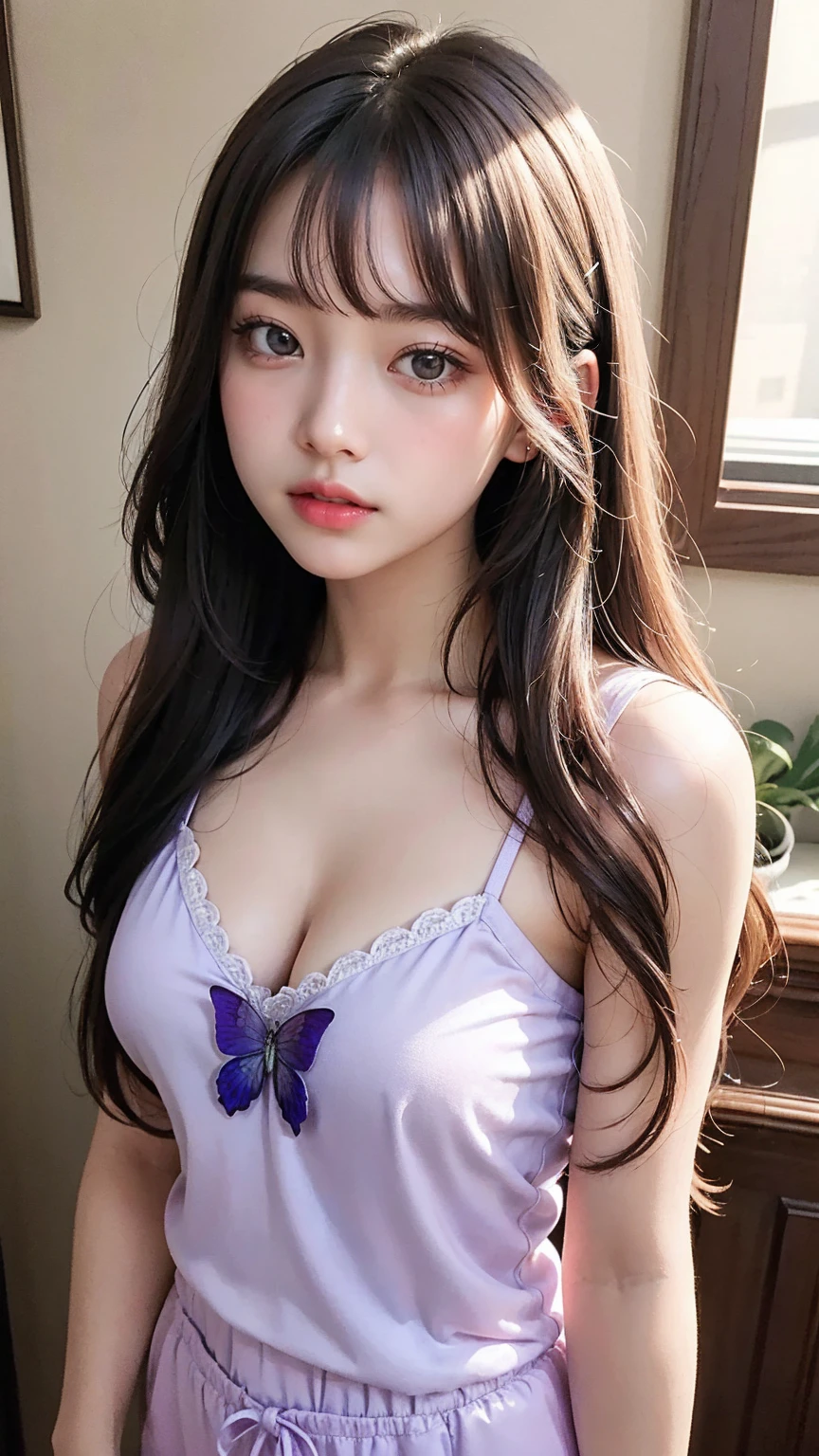 "1Beautiful girl": "1Beautiful girl, extremely detailed CG unified 8k wallpaper, highly detailed, High-definition raw color photos, professional photography, Realistic portrait, teenager, brunette, long hair, **satin camisole and shorts set - blush pink with scalloped lace hem and floral embroidery**"