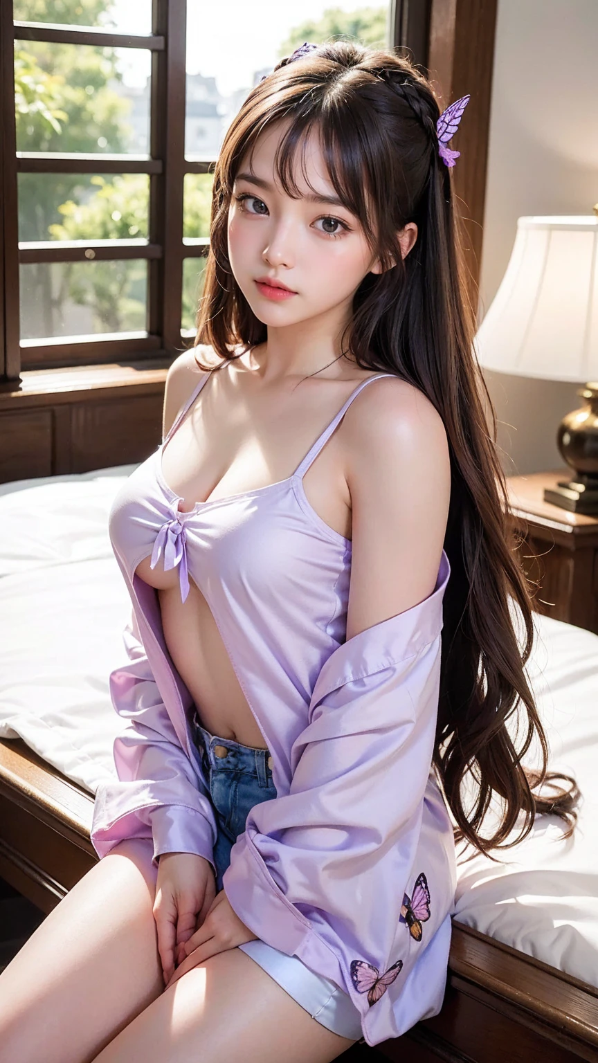 "1Beautiful girl": "1Beautiful girl, extremely detailed CG unified 8k wallpaper, highly detailed, High-definition raw color photos, professional photography, Realistic portrait, teenager, brunette, long hair, **satin camisole and shorts set - lavender with butterfly print and satin bow**"