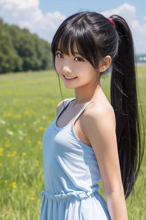 ,high school girl,Black Hair,bangs,ponytail,Hair blowing in the wind,Straight hair,Dark Eyes,Small face,Young Face,Clean your eyes,Small Mouth,thin,Young Face,flat chest,flat chest,flat chest,Small breasts,Small breasts,Small breasts,Flat Chest,Flat Chest,Flat Chest,Flat Chest,Realistic photos,8k,Open your mouth a little,Ultra HD,whole body,Pure girl,grassland,blue sky,whole body,,White tank top dress,summer,smile,Showing teeth,Butt