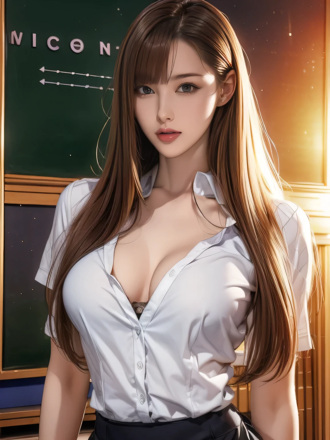 (8ก, 最high quality: 1.2), Very detailed, Complete solution, (Realistic, Realistic photo: 1.37), Portraiture, High resolution RAW color photograph, Professionally arrested, High resolution and beautiful, High resolution, 8ก Image Wallpaper, Amazing details, Large file size, Very detailed美しい女の子, Very detailed face, (Super beautiful, well-defined eyes:1.8), The nose is precisely shaped., expressive lips,(sunset,Classroom Background:1.2) , One Story, pretty girl, Realistic、 (Movie Scenes,Fantasy art,最high quality,high quality,High resolution,High quality texture,Attention to detail,Beautiful details,Fine details,Very detailedCG,Detailed Texture,Realistic representation of face,Tabletop,before,dynamic,bold),1 Girl,Very detailed肌,curve,(Covered nipples:0.8),Beautiful breasts,Small breasts,Pale skin,Pointed Chest,Erect nipples,(Very fine hairs),(Very soft hair),(Super Straight Hair),Long, slicked bangs,Very light coppery amber hair,Hair on one eye,Very lean body,Smart Abs,( School teacher clothes:1.5),