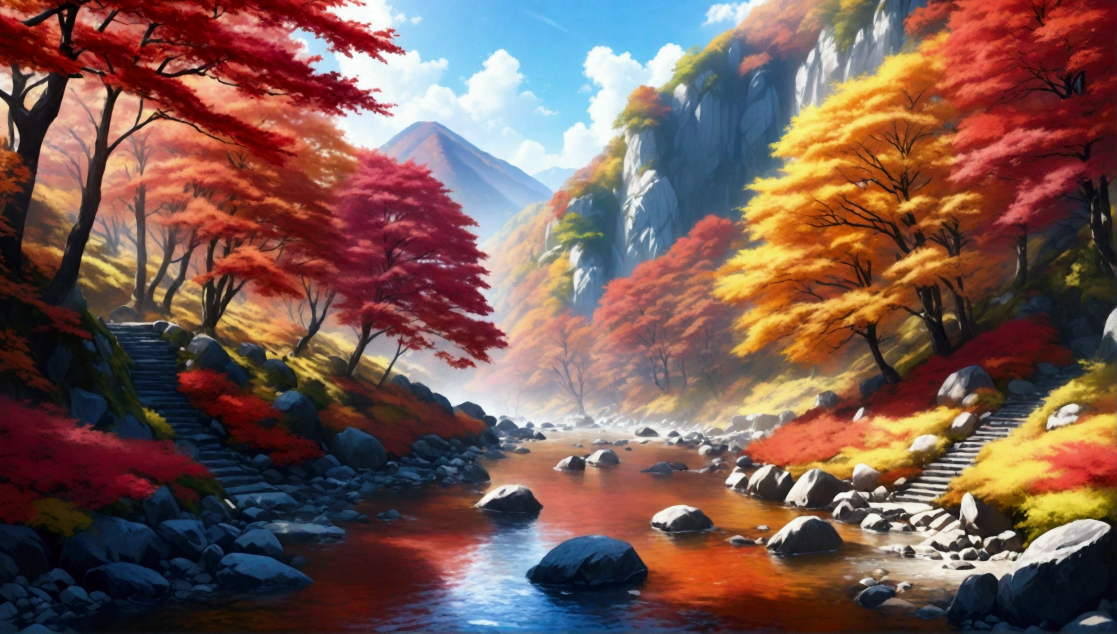 A detailed autumn landscape in a Japanese mountain gorge, with vibrant red foliage, serene nature, bright daylight, (best quality,4k,8k,highres,masterpiece:1.2),ultra-detailed,(realistic,photorealistic,photo-realistic:1.37),HDR,UHD,studio lighting,ultra-fine painting,sharp focus,physically-based rendering,extreme detail description,professional,vivid colors,bokeh