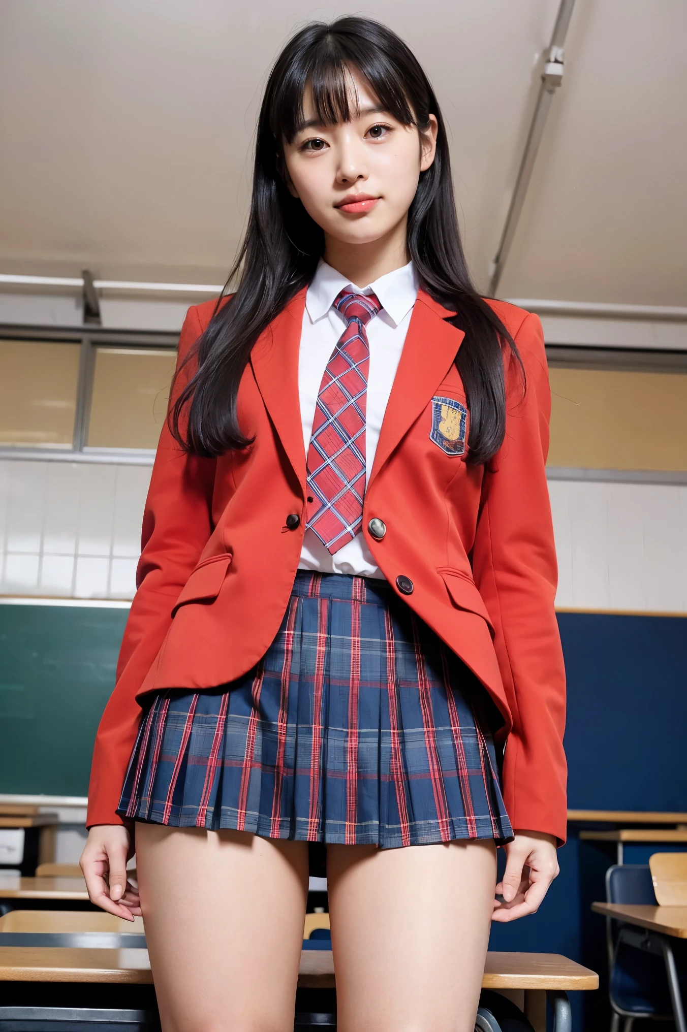 Girl standing in a school classroom,Red Tie Uniform,Dark Blue Blazer,Blue plaid skirt,18-year-old,bangs,A small smile,Thighs,knees,From below