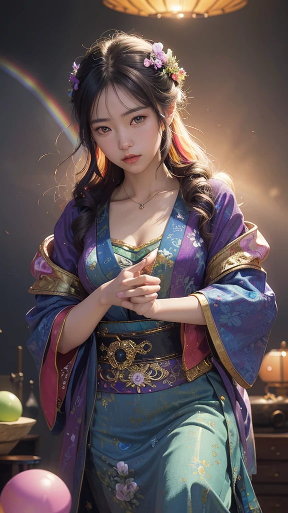 Beautiful Japanese Woman, (masterpiece: 1.2), (Highest quality), 4K, Very detailed, (moving composition: 1.4), Very detailed, Colorful details, (Rainbow colors: 1.2), (Bright lighting, Atmospheric lighting), dream-like, magic, (alone: 1.2) ,