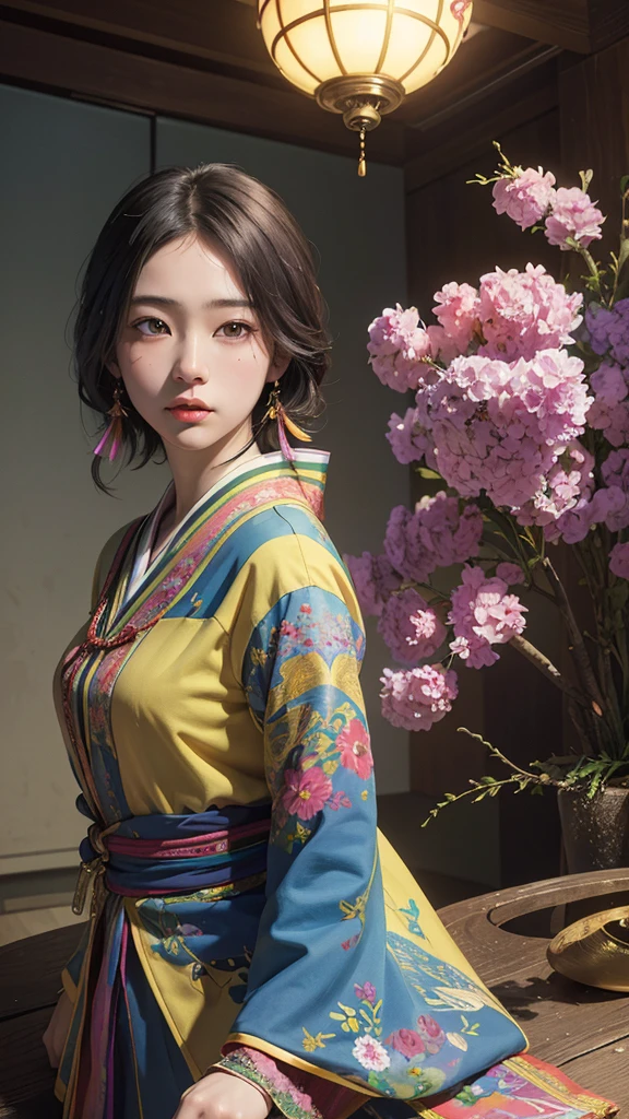 Beautiful Japanese Woman, (masterpiece: 1.2), (Highest quality), 4K, Very detailed, (moving composition: 1.4), Very detailed, Colorful details, (Rainbow colors: 1.2), (Bright lighting, Atmospheric lighting), dream-like, magic, (alone: 1.2)  ,