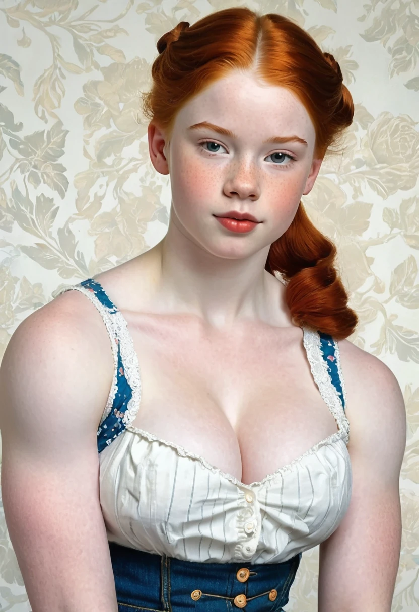 pale skin muscular redhead  girl huge breasts in the style of Norman Rockwell