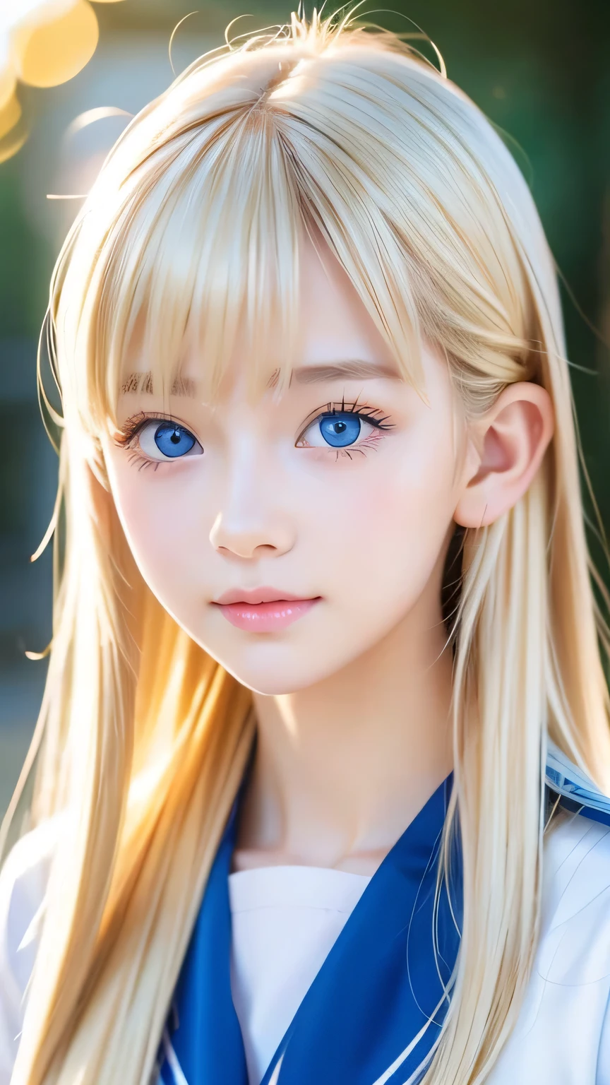 Bust Shot、The most beautiful girls of Nordic、Beautiful, lustrous silk skin that shines white like snow、16 years old、Adorable cute beautiful face、(Bright expression)、Beautiful eyes and shiny blonde hair between the eyes、Beautiful large very bright pale blue eyes covered by bangs、Cute beautiful young woman。Golden, bright, straight, platinum blonde, silky, super long hair、A beautiful girl who looks great in a Japanese sailor uniform、Cheek highlighter