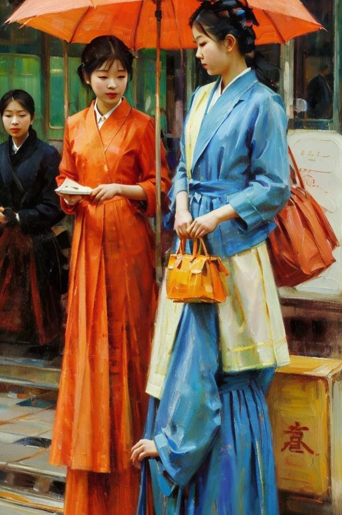 A young Korean girl in a train station holding a orange unbrella, Digital art of Wuzhong Shifan, art station, oil painting, comely character painting, marvelous, realistic painting of beautiful girl, arte de jinyoung shin, Guweiz, stunning digital painting, gestural painting. Atari graphics.