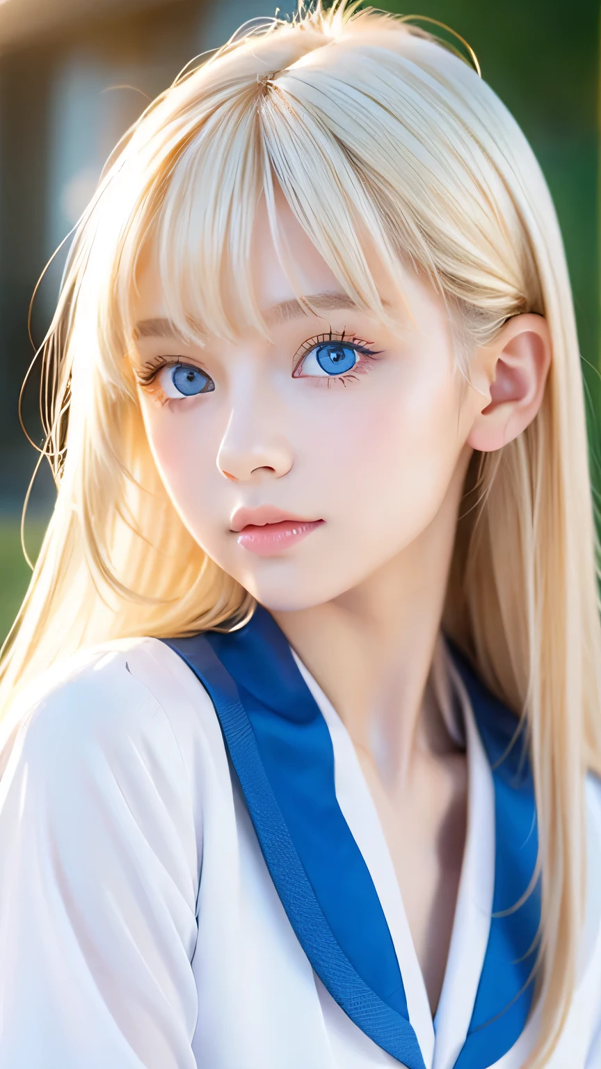 Bust Shot、The most beautiful girls of Nordic、Beautiful, lustrous silk skin that shines white like snow、16 years old、Adorable cute beautiful face、(Bright expression)、Beautiful eyes and shiny blonde hair between the eyes、Beautiful large very bright pale blue eyes covered by bangs、Cute beautiful young woman。Golden, bright, straight, platinum blonde, silky, super long hair、A beautiful girl who looks great in a Japanese sailor uniform、Cheek highlighter