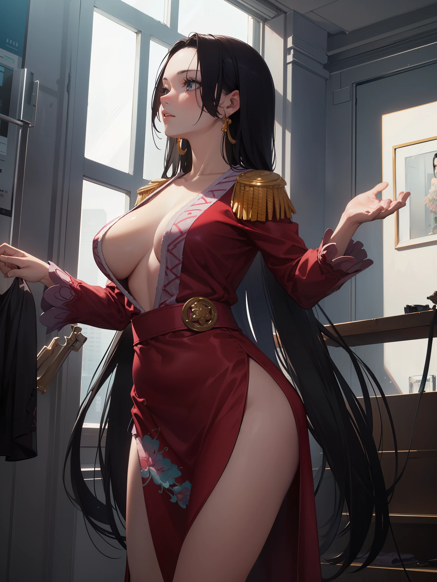 Hancock 1, One girl, Boa Hancock, Large Breasts, Long Hair, Epaulettes,
break ((Official Costume:1.5)), 
break Cyberpunk_City View, In front of the window, Stand in an upright and immobile position,Underarm,Raise your arms, 
break (masterpiece:1.2), Highest quality, High resolution, unity 8k wallpaper, (figure:0.8), (Beautiful attention to detail:1.6), Highly detailed face, Perfect lighting, Highly detailed CG, (Perfect hands, Perfect Anatomy),