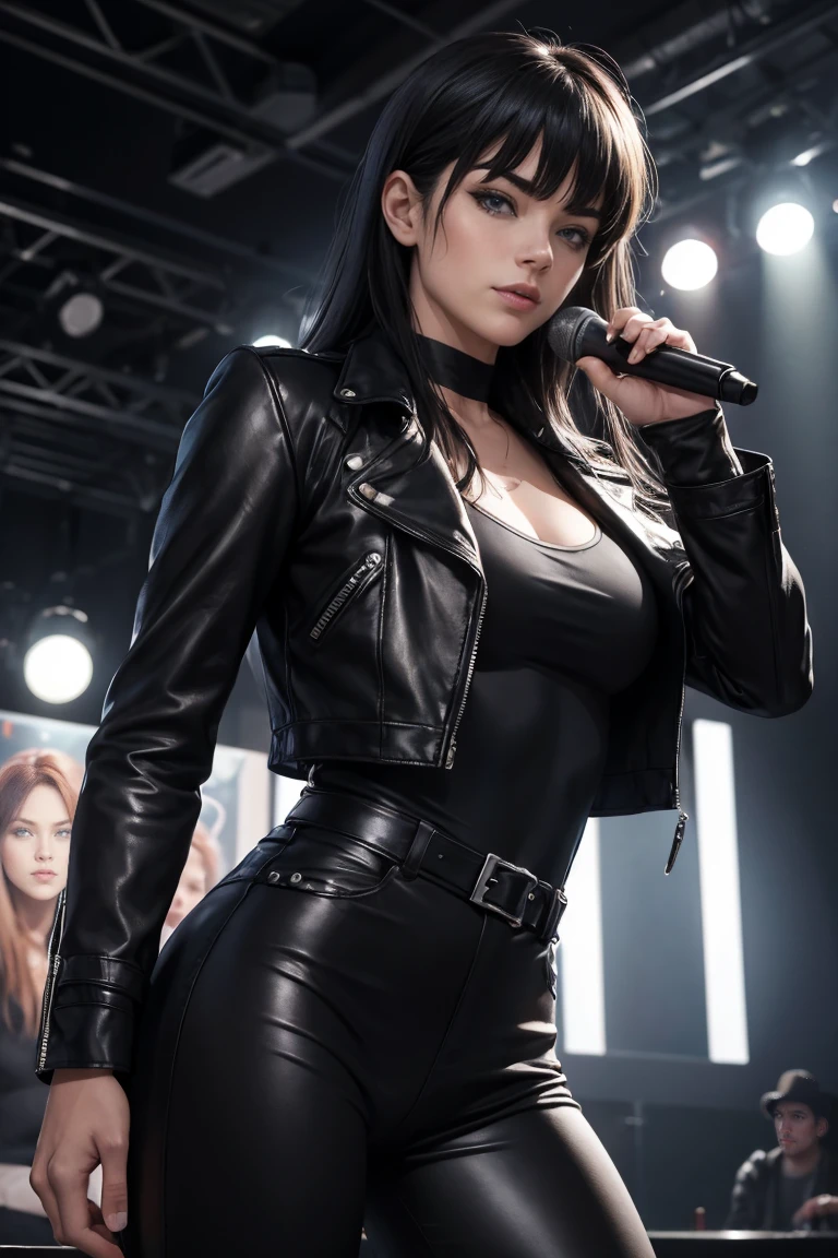 (Concept Art), masterpiece, Highest quality, Realistic, 8K RAW Photos, Tarot Card Style, Absurd iris texture, Accurate anatomy, Facing the audience, Cowboy Shot, (Realistic:1.5) , Perfect body, Alluring face、,Perfect Face,, 19 years old、((Kadoma Daioh)),,美juvenile、Mature face、Wide-set eyes,A tough climb、Three white eyeichael Jackson style、Sharp Eye、Very wide eyes、White skin and black hair、((neutral))、Long Hair、Center parted hair、Disheveled Hair、Bangs hide the right eye、Long legs、black eye, Long legs, Long black hair, Edge lighting,、Slender body、juvenile、Narrow waist、Rock Stage、Grab the microphone、Bow-legged、Leather jacket、Leather pan、Leather jumpsuit、Men's、Knee-high boots、Dark fantasy,Backed by a rock band、