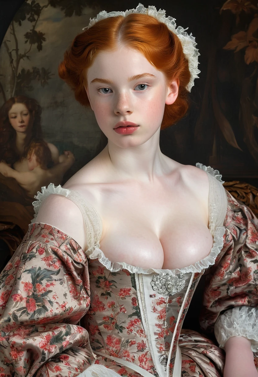 pale skin muscular redhead girl huge breasts in the style of Anthony van Dyck