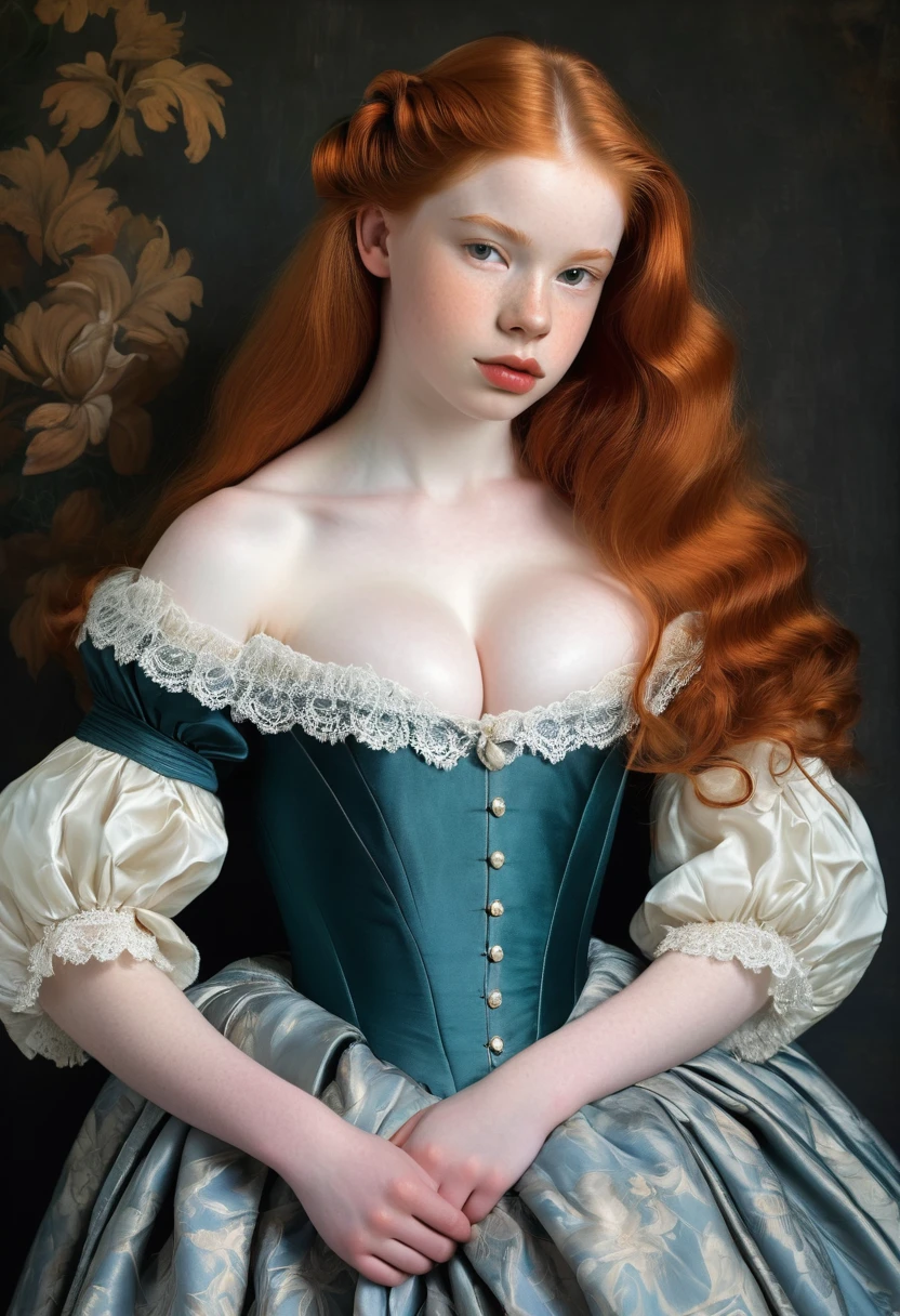 pale skin muscular redhead 13 year old girl huge breasts in the style of Anthony van Dyck