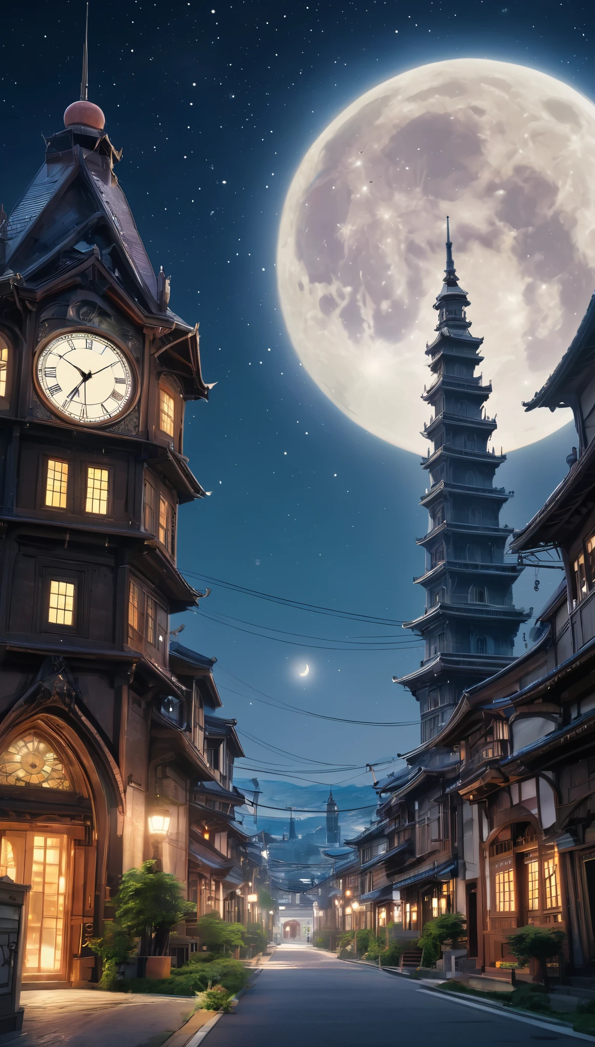 A city surrounded by high walls、City of Attack on Titan、Starry Sky、The big shining full moon、A tall building with a clock tower