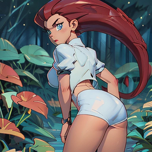 nude jessie\(pokemon\), hair slicked back,nude, solo,long hair, blue eyes,team rocket, big breasts,big ass,red hair, thighs, very long hair, in back pose, show her booty, focus on her ass.