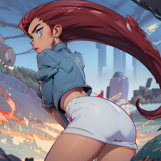 nude jessie\(pokemon\), hair slicked back,nude, solo,long hair, blue eyes,team rocket, big breasts,big ass,red hair, thighs, very long hair, in back pose, show her booty, focus on her ass.