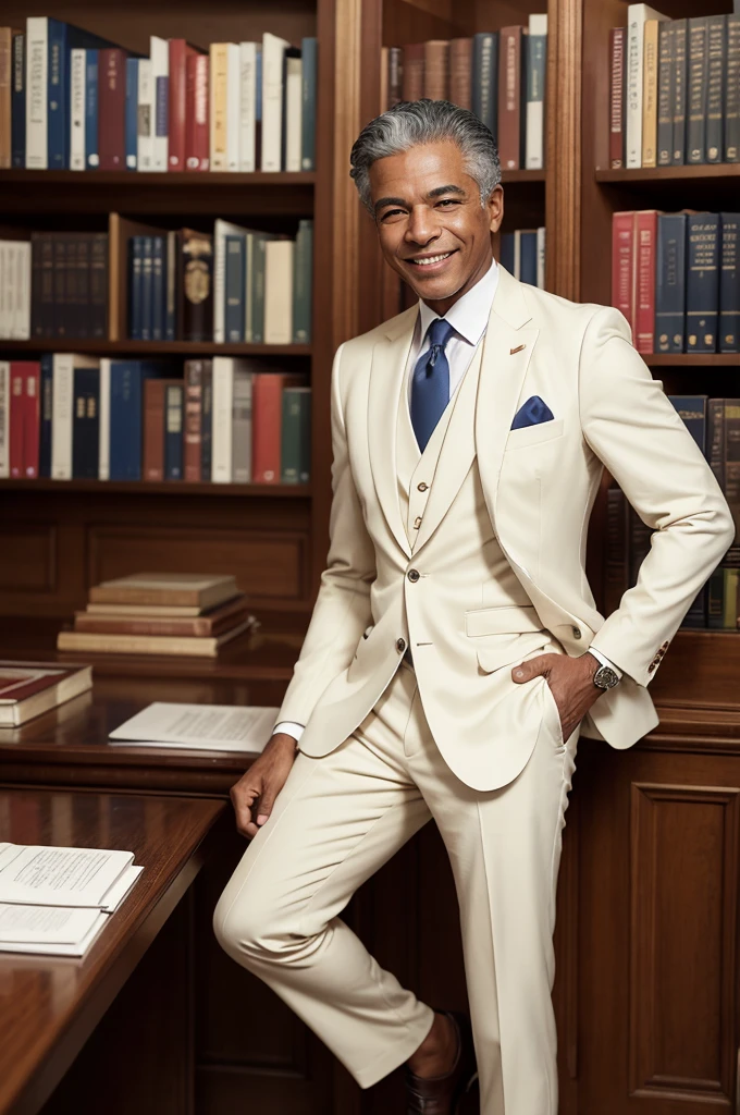 create the image of a Brazilian, offwhite, in their 45-50s, tailored and elegant suit. Political. He is smiling and friendly. It must be in a library.