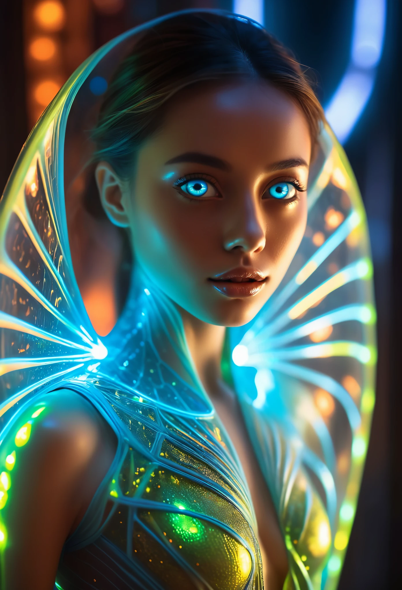 1 beautiful female alien girl emerging from a cocoon, detailed beautiful face like cute girl and body, from back, (glowing eyes, glowing skin:1.5), intricate organic details, translucent wings, symmetrical face, ethereal lighting, cinematic, vibrant colors, digital art, highly detailed, 8k, photorealistic, whole body, Floating in the air