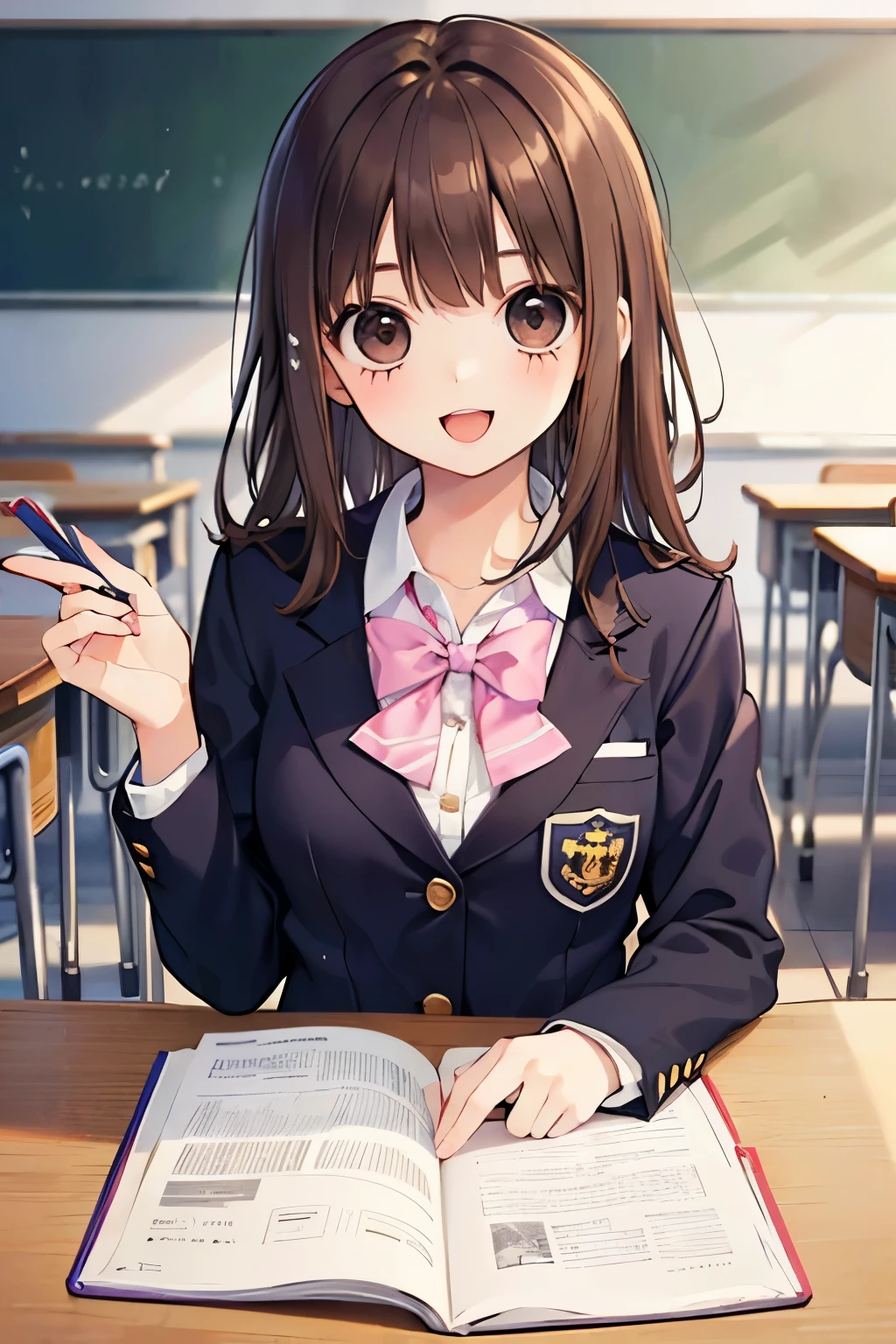 beautiful cute girl,((brown hair:1.2)),(Medium wave hair:1.1),(beige eyes:1.2),(princess:1.1),(student uniform:1.25),(uniform blazer:1.2),((check pattern costume:1.0)),((lace:1.2)),smile,(open your mouth:1.1),(school,classroom:1.15),((I'm still studying:1.1)).