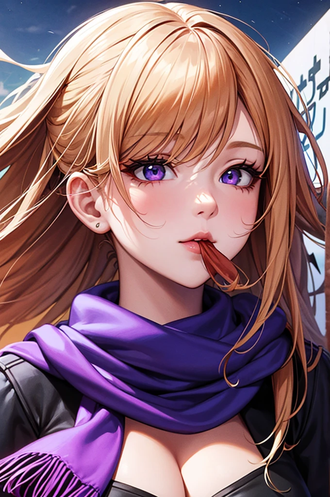 One girl, Ahoge, bangs, Blonde, Throw kiss, blue eyes, blue scarf, brown scarf, Cleavage, Mouth closed, eyelash, face, Floating Hair, Hair between the eyes,  lips, Long Hair, View your viewers,  night null, nose, Close one eye, orange scarf, pink lips,, Portraiture, Purple eyes, Realistic,  scarf, sign, 笑face, alone, null間,  star (null), , Upper Body,