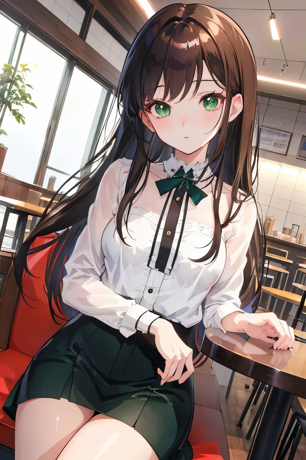 ((masterpiece, Highest quality, High resolution, 超High resolution, Pixel perfect, Written boundary depth, 4K, RTTX 10.0, High resolution))), 1 girl, single, alone, Beautiful Anime Girls, Beautiful art style, Anime characters, ((Shortcuts, bangs, Dark brown hair)), ((Green Eyes:1.4, Round eyes, Beautiful eyelashes, current eyes)), ((Smooth texture:0.75, Anime CG style)), ((Dynamic Angle, close)), Perfect body, (pretty girl), Flat Chest,whole body, Girl sitting at a table drinking coffee, Mysterious Girl from the Coffee Shop, sitting in a cafe, alonesitting in a cafe, Cute anime-like appearance, カフェにalone座っている, everyone, 4K Anime Style, Anime Moe Art Style, Long Hair Anime, At the coffee shop, Cute Anime, 4k anime wallpaper