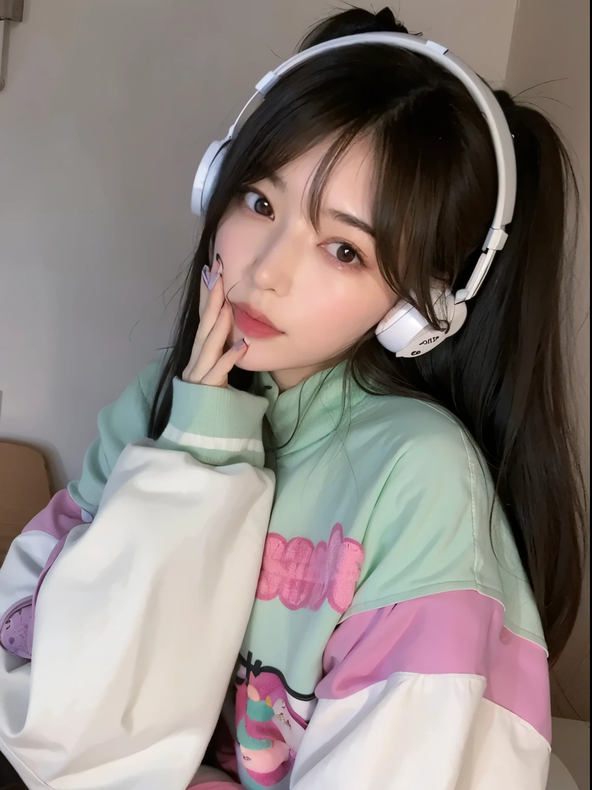 wearing headphones 침대에 앉아 있는 아시아 소녀, Best Face, hermosa delphine, anime atmosphere, Korean woman, e-Chica, E - chica, cute kawaii girl, Lopi Girl, 실생활의 anime girl, wearing headphones, luan lindo vtuber, anime girl, sakimichan, lopi girl aesthetic