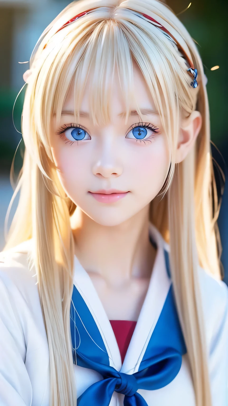 Bust Shot、The most beautiful girls of Nordic、Beautiful, lustrous silk skin that shines white like snow、16 years old、Adorable cute beautiful face、(Bright expression)、Beautiful eyes and shiny blonde hair between the eyes、Beautiful large, very bright light blue eyes covered by bangs、Cute beautiful young woman。Golden, bright, straight, platinum blonde, silky, super long hair、A beautiful girl who looks great in a Japanese sailor uniform、Cheek highlighter