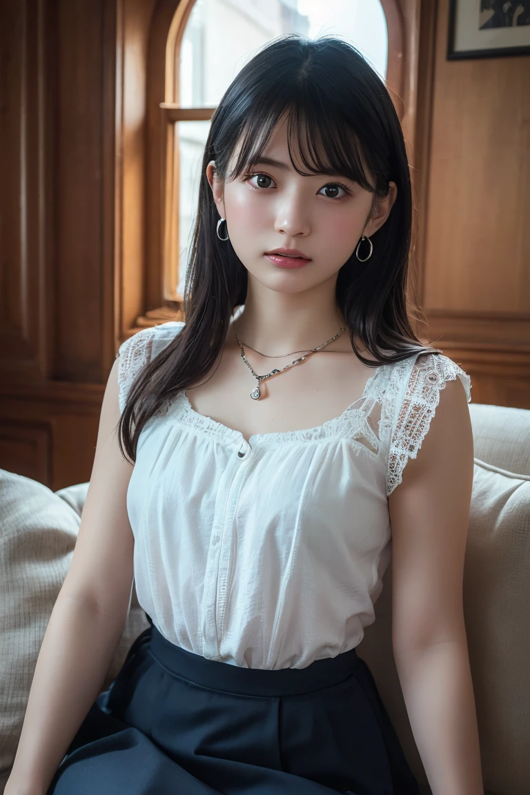 (Highest quality:1.4),(masterpiece:1.4),(Realistic:1.4),(Realistic:1.2),(超High resolution, RAW Photos:1.4),(High resolution, Ultra-detailed:1.2),(8k:1.2),View your viewers,Cinematic photography,One girl,skeletally correct,Black-haired woman,Woman in her early 20s,(Small earrings,necklace,Tulle blouse,Bustier,Crochet skirt),(Western-style building interior,Dimly lit room,The lamplight shines on my cheeks,Sit on the sofa)