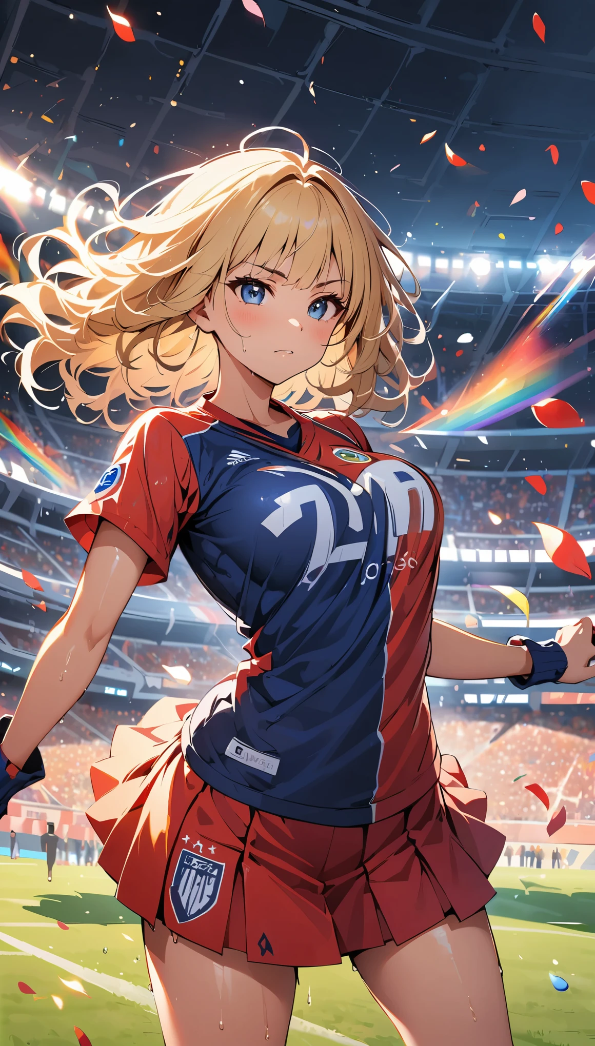 anime, Beautiful Face, Highly detailed face, two exact legs, Pink fine eyes, Highly detailed background, Perfect lighting, Accurate weapons, Accurate hands, Accurate Fingers, Blonde, whole body, One girl, alone, Ruby Hoshino, oshi no ko, High resolution, Super sharp, 8k, masterpiece, look at the other person, (whole body:1.4), Teasing Smile, Tight football T-shirt, Tight sports shorts, Playing soccer with someone, Cleavage, on a サッカー pitch, soccer ball