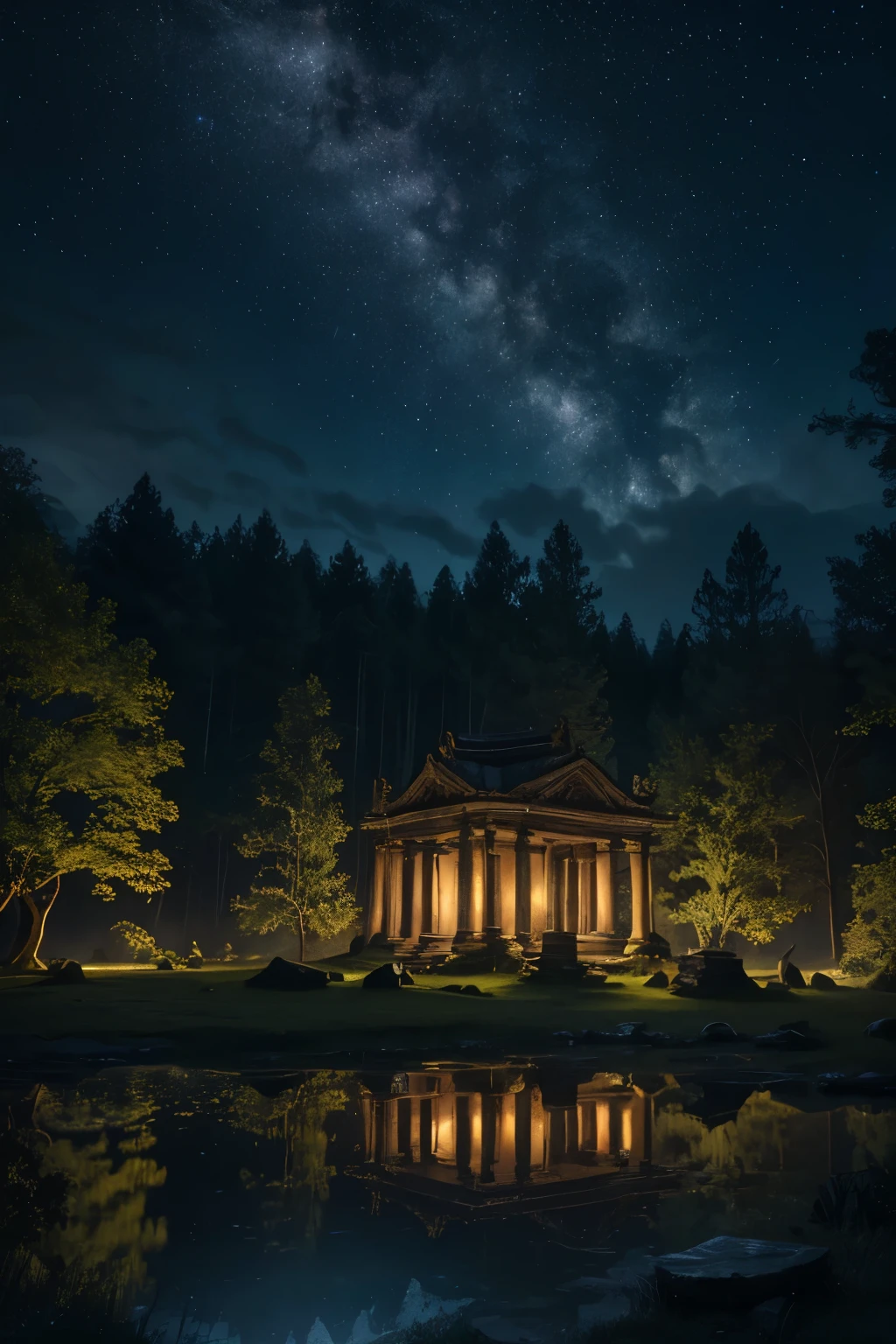 a spectacular night, ethereal moonlit forest, glowing fireflies, mystical atmosphere, vibrant stars in the sky, serene pond reflecting the night sky, ancient ruined temple, gnarled twisted trees, dramatic lighting, dramatic shadows, cinematic composition, fantasy, surreal, (best quality,4k,8k,highres,masterpiece:1.2),ultra-detailed,(realistic,photorealistic,photo-realistic:1.37),detailed night sky, dramatic moody lighting