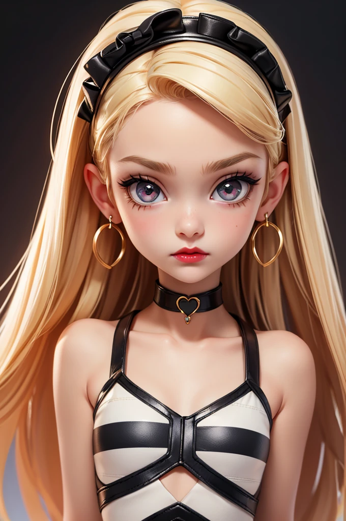 hyperrealistic 14 year old american , blonde, perfect tiny body, sexy, dark makeup, small choker, perfect slim face, big red lips, very cute face, tiny body, big eyes, young looking, childish looking, big earrings