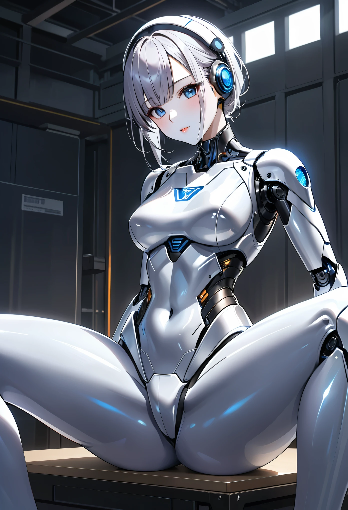 UHD, retina, anatomically correct, textured skin, masterpiece, accurate，SOLO，high quality,extremely detailed，(A robot female),(Iron body:1.7),(shiny skin:1.8),(bright light),(Spreading legs:1.7),[detail face],(petty human face:1.7),(Police type robot)(Blue and white)
