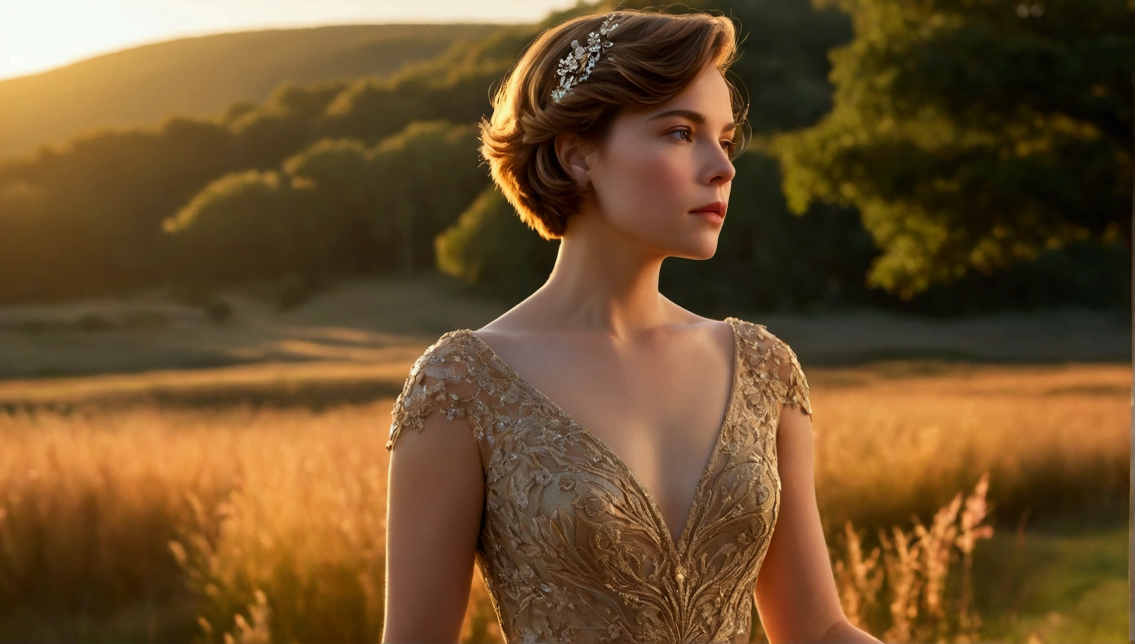 a beautiful lady, elegant long dress, romantic short hair, delicate facial features, thoughtful expression, serene natural landscape, golden hour lighting, dramatic cinematic lighting, intricate floral details, vibrant colors, highly detailed, photorealistic, masterpiece
