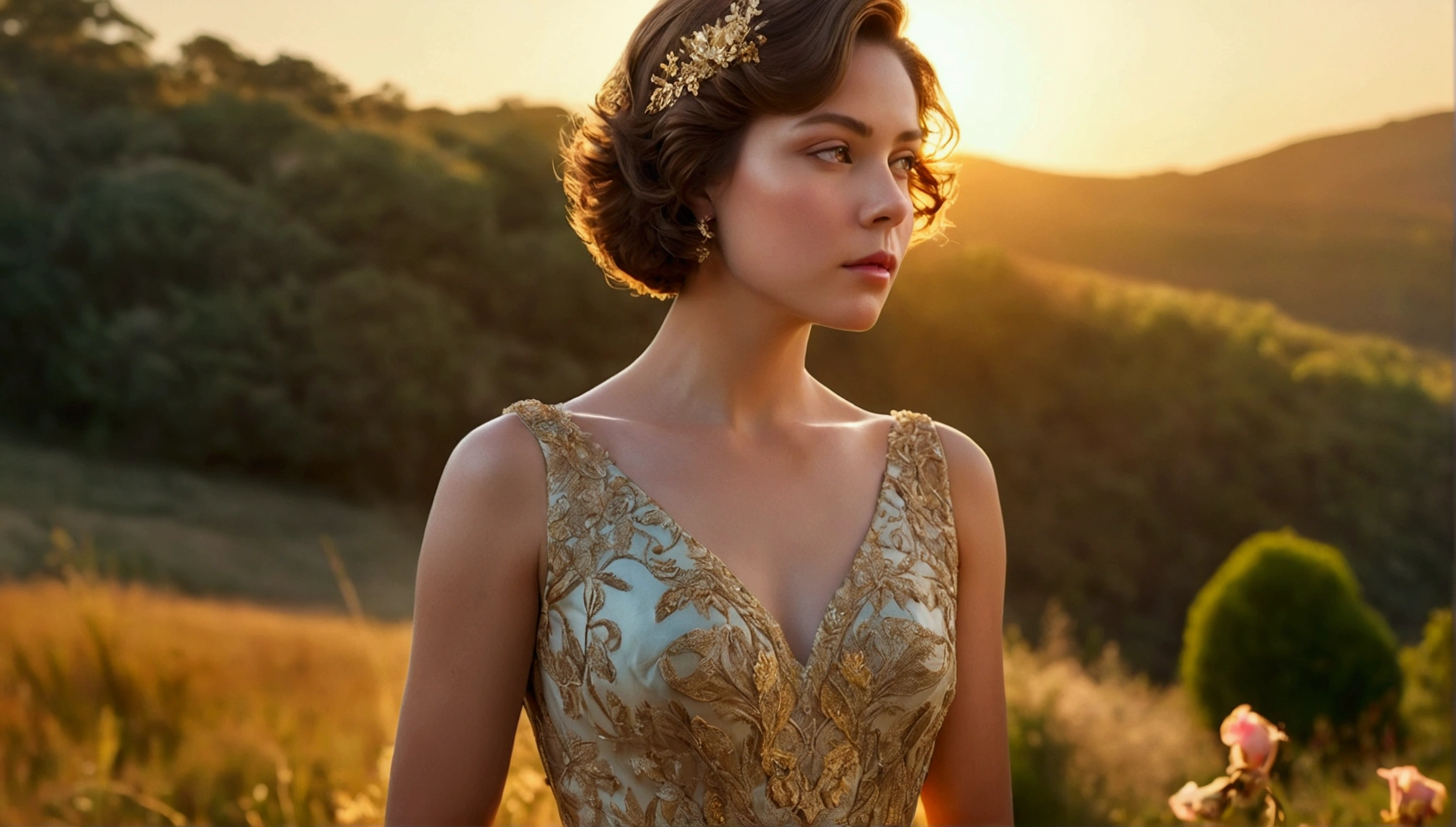 a beautiful lady, elegant long dress, romantic short hair, delicate facial features, thoughtful expression, serene natural landscape, golden hour lighting, dramatic cinematic lighting, intricate floral details, vibrant colors, highly detailed, photorealistic, masterpiece