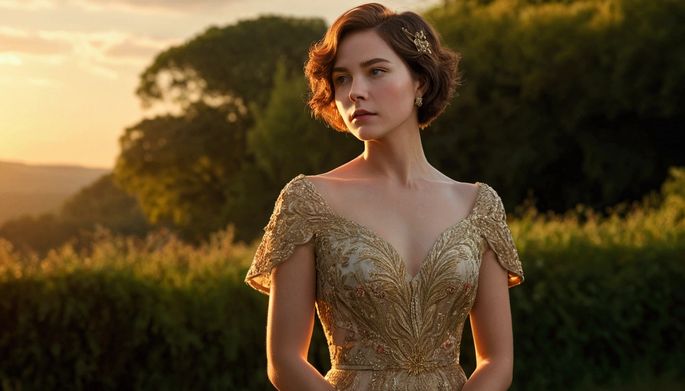 a beautiful lady, elegant long dress, romantic short hair, delicate facial features, thoughtful expression, serene natural landscape, golden hour lighting, dramatic cinematic lighting, intricate floral details, vibrant colors, highly detailed, photorealistic, masterpiece