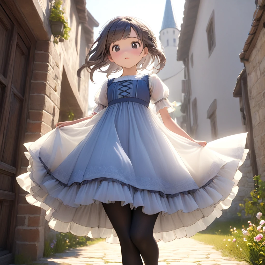(Highly detailed CG Octane render 8k wallpaper), 8 year old girl underwear, Realistic cotton bloomers, Medieval translucent long dress with panniers, Fabric Realism, Low Angle, Pull up the dress by hand, Strong winds, Translucent slip, Translucent slip, tights, Highest quality, whole body, I can see your thighs