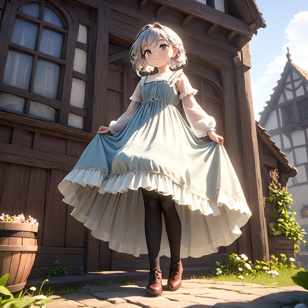 (Highly detailed CG Octane render 8k wallpaper), 8 year old girl underwear, Realistic cotton bloomers, Medieval translucent long dress with panniers, Fabric Realism, Low Angle,  Pull up the dress by hand, Strong winds, Translucent slip, Translucent slip, tights, Highest quality, whole body, I can see your thighs