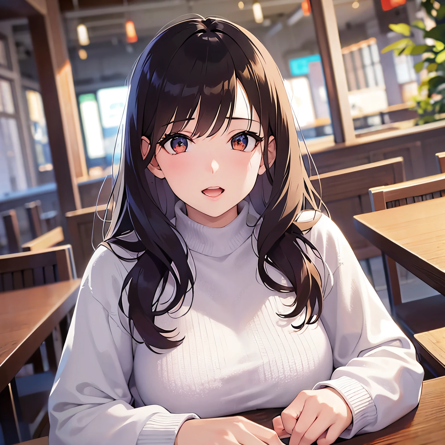 (looking at viewer:1.5),Upper Body, Realistic, real person, (pale skin: 1.2), RAW photo, photorealistic, shiny skin, shiny hair、 (A 25-year-old woman with medium-length hair and bangs) and (wavy hair) and (brown hair) and (orange eyes) 、 surprised,open mouth、White long sleeve dress、The background is inside the restaurant
