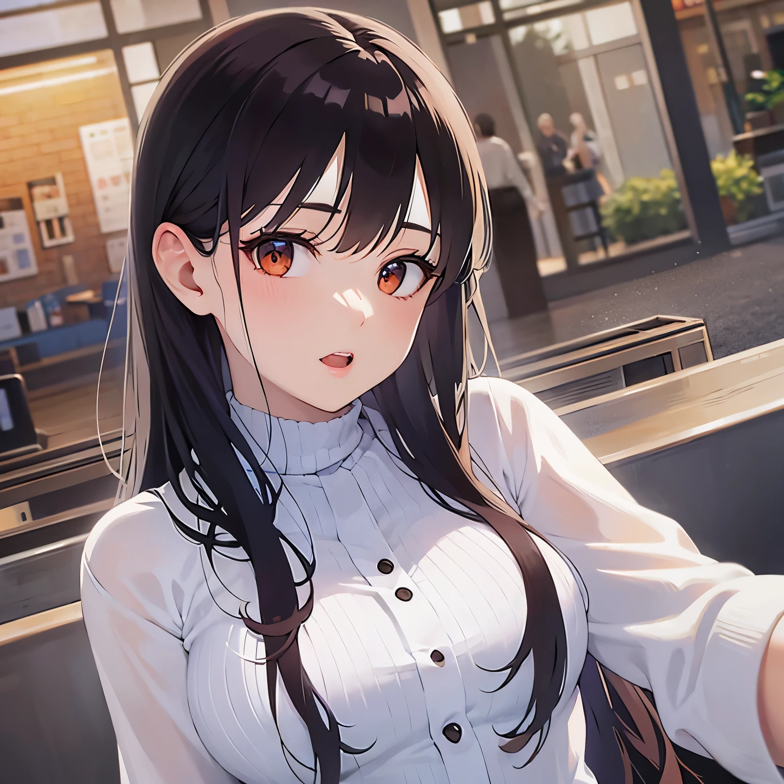 (looking at viewer:1.5),Upper Body, Realistic, real person, (pale skin: 1.2), RAW photo, photorealistic, shiny skin, shiny hair、 (A 25-year-old woman with medium-length hair and bangs) and (wavy hair) and (brown hair) and (orange eyes) 、 surprised,open mouth、White long sleeve dress、The background is inside the restaurant