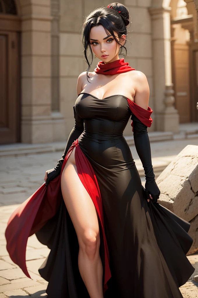 fullbody view, female, green eyes, black hair tied to a bun, strapless midi dress, red scarf around her neck, flowy arm sleeves, silk gloves