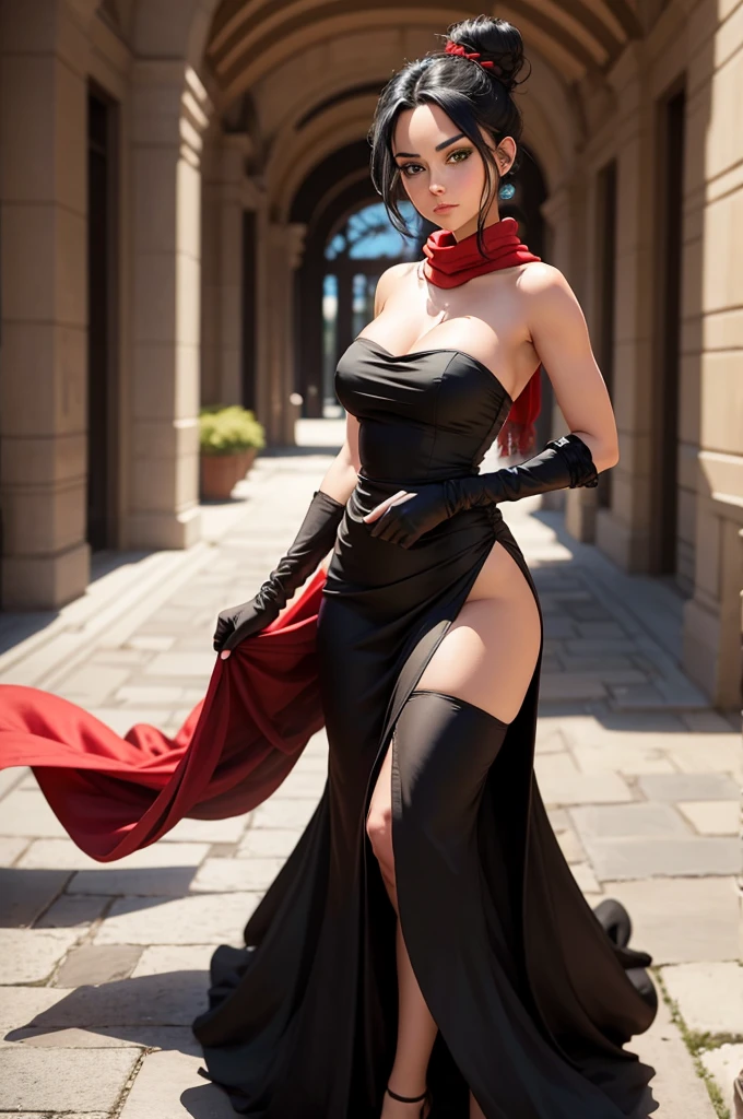 fullbody view, female, green eyes, black hair tied to a bun, strapless midi dress, red scarf around her neck, flowy arm sleeves, silk gloves