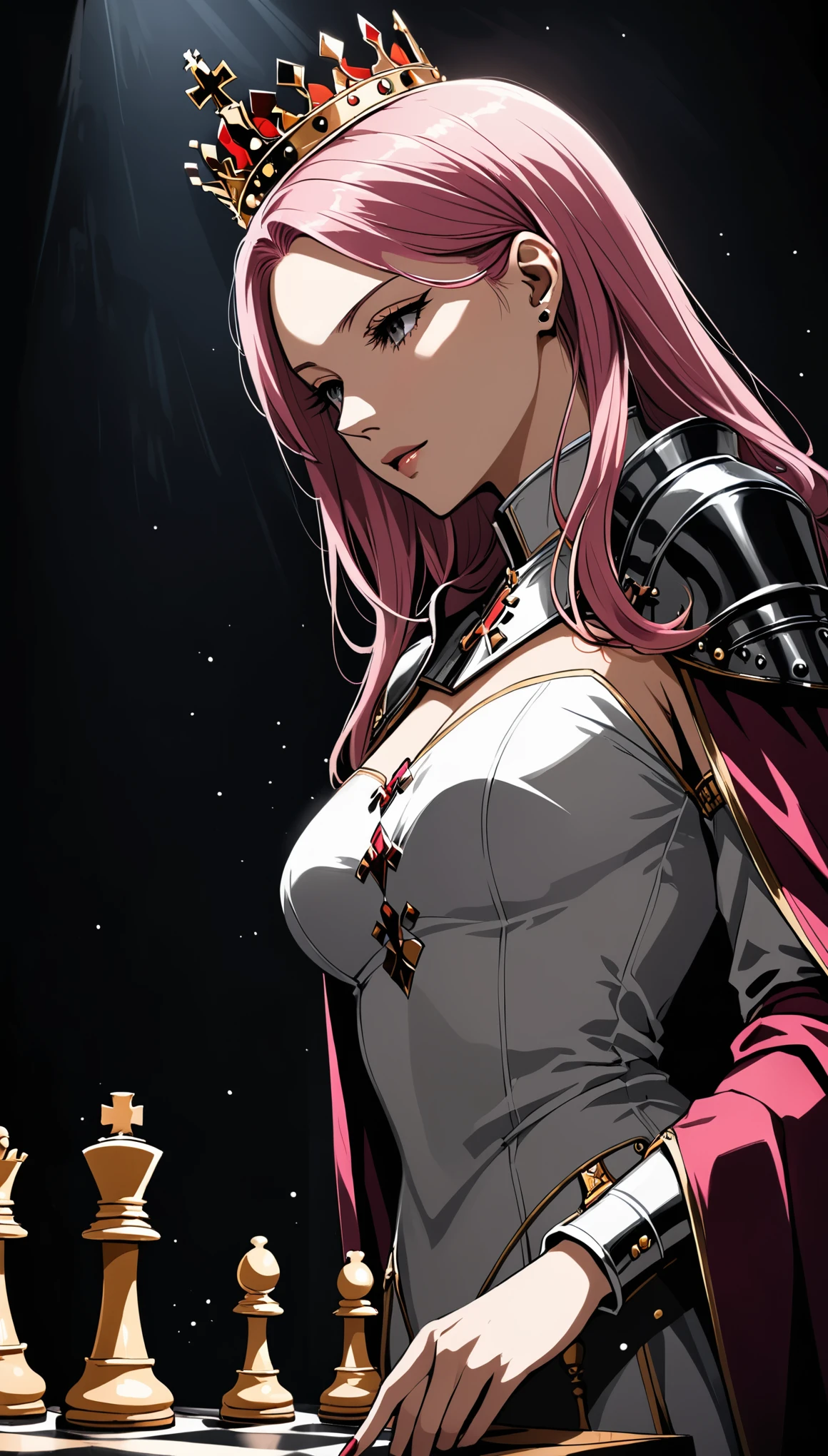 (with the text:"Queen is WIN?":1.4),in style of Santiago Caruso
{(1girl:1.6) and a unknown},pink hair,upper_body,chess board,queen \(chess\),cloak,with queen in hand \(chess\),finger link,black_background,(unknown hand on girl's head from behind in background:1.7),dark space,top light in a dark atmosphere,queen \(chess\) focus,(from below:1.7),(angle of elevation:1.4)