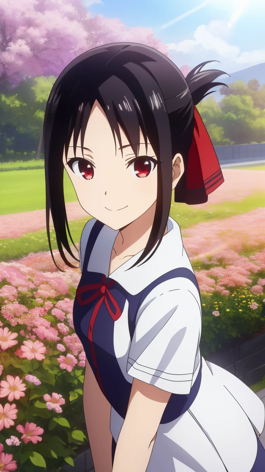 (best quality, masterpiece, 8k:1.2), (anime:1.2), detailed, Shinomiya Kaguya,1girl, solo, (black hair:1.2), side Lock, red eyes, short hair, folded ponytail, red hair ribbon, eye light, small medium breasts, (One piece, outdoors, flower field, smile), 
Definition CG Unity, Perfect lit, bright_front_face_lit,Super detailed, photograph, 8K, nffsw, High resolution, (absurd:1.2), kodak portrait 400, film grain, Lens flare, (lively_color:1.2), looking at the viewer, (cowboy shot:1.2), dynamic angle, 