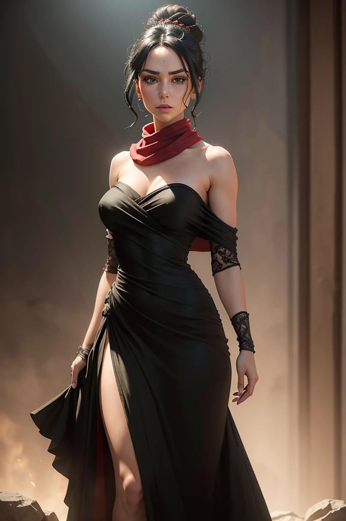 a beautiful woman with green eyes and black hair tied in a bun, wearing a strapless midi dress, a red scarf around her neck, flowy arm sleeves, and silk gloves, full body view, realistic, photorealistic, 8k, masterpiece, detailed facial features, intricate dress folds and textures, dramatic lighting, elegant and sophisticated atmosphere, cinematic composition