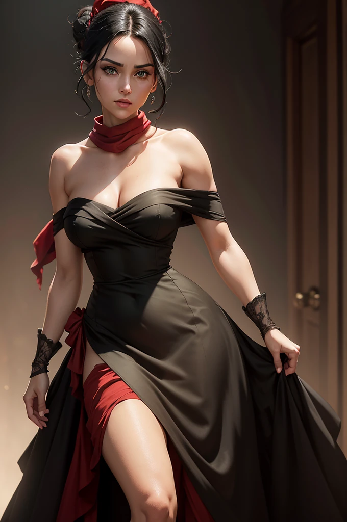 a beautiful woman with green eyes and black hair tied in a bun, wearing a strapless midi dress, a red scarf around her neck, flowy arm sleeves, and silk gloves, full body view, realistic, photorealistic, 8k, masterpiece, detailed facial features, intricate dress folds and textures, dramatic lighting, elegant and sophisticated atmosphere, cinematic composition