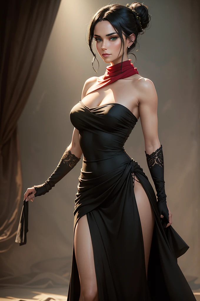 fullbody view, female, intense green eyes, black hair tied to a bun, strapless full dress, red scarf around her neck, flowy arm sleeves, silk gloves, a fabric is wrapped around her waist