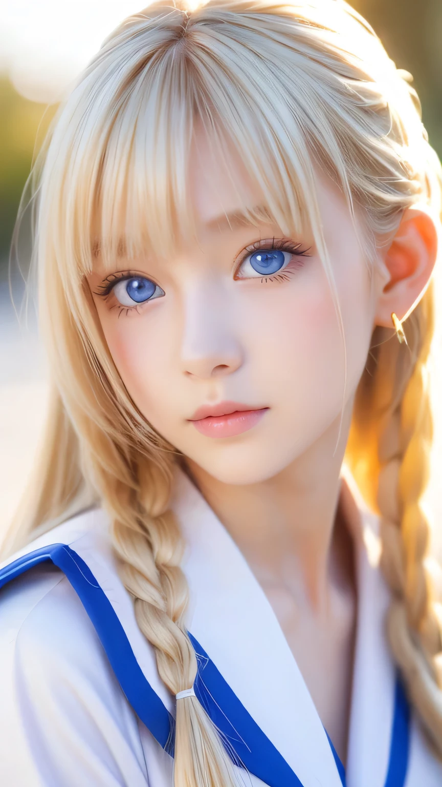 Bust Shot、The most beautiful girls of Nordic、Beautiful, rous silk skin that shines white like snow、16 yrable cute beautiful face、(Bright expression)、Beautiful eyes and shiny blonde hair between the eyes、Beautiful large, very bright light blue eyes covered by bangs、Cute beautiful young woman。Golden, bright, straight, platinum blonde, silky, super long hair、A beautiful girl who looks great in a Japanese sailor uniform、Cheek highlighter