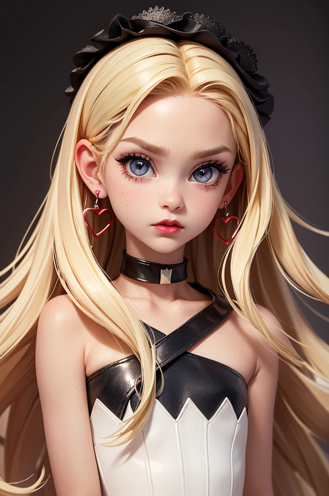 hyperrealistic 14 year old american teen, blonde, perfect tiny body, sexy, dark makeup, small choker, perfect slim face, big red lips, very cute face, tiny body, big eyes, young looking, childish looking, big earrings, full body