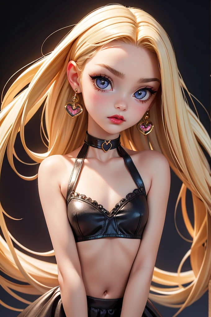 hyperrealistic 14 year old american , blonde, perfect tiny body, sexy, dark makeup, small choker, perfect slim face, big red lips, very cute face, tiny body, big eyes, young looking, childish looking, big earrings, full body