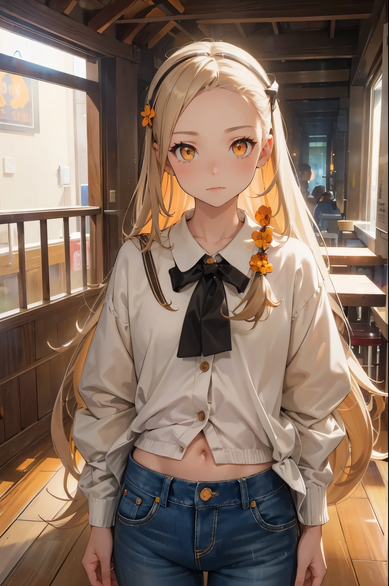 masterpiece, ultra detailed, 8k portrait, RAW photo, portrait photography, Highly detailed face, beautiful and meticulous eyes, (amber color eyes:1.5), , standing by the theme park, (white short shirt) and (blue shorts), navel, put on long white summer cardigan, cute girl, long hair, (cream color long hair:1.5), hairpin, young girl, 1girl, cute girl, pretty girl, portrait of cute girl, slim:1.5,