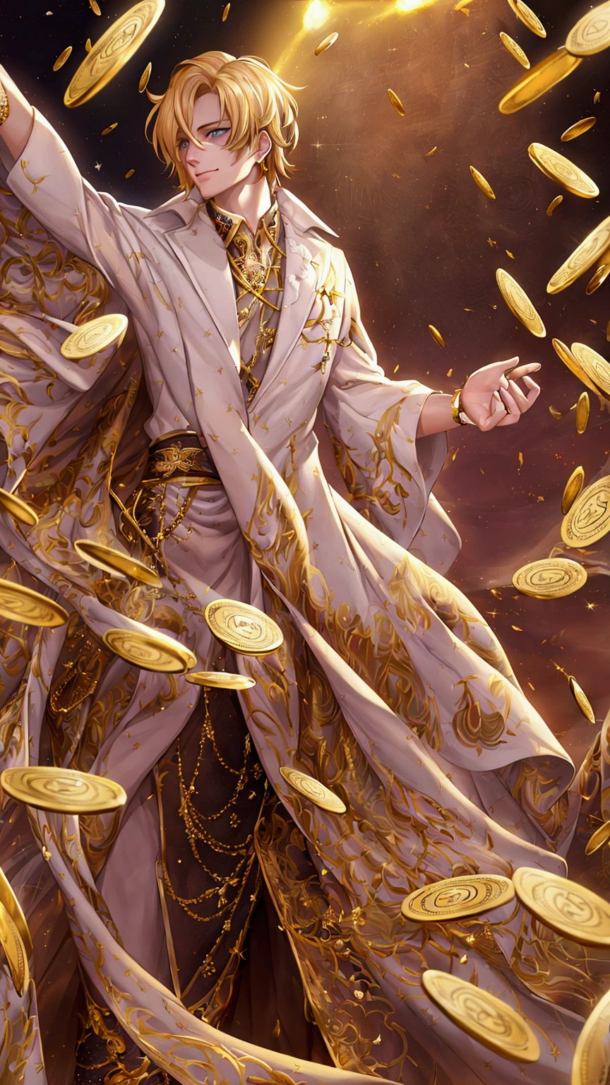 a young man with blond hair standing in a casino with coins falling from the sky, his arms outstretched and laughing, beautiful detailed face, extremely detailed eyes and face, longeyelashes, photorealistic, 8k, highres, masterpiece, ultra-detailed, vivid colors, dramatic lighting, cinematic composition, epic scale, fantasy, surreal, digital art